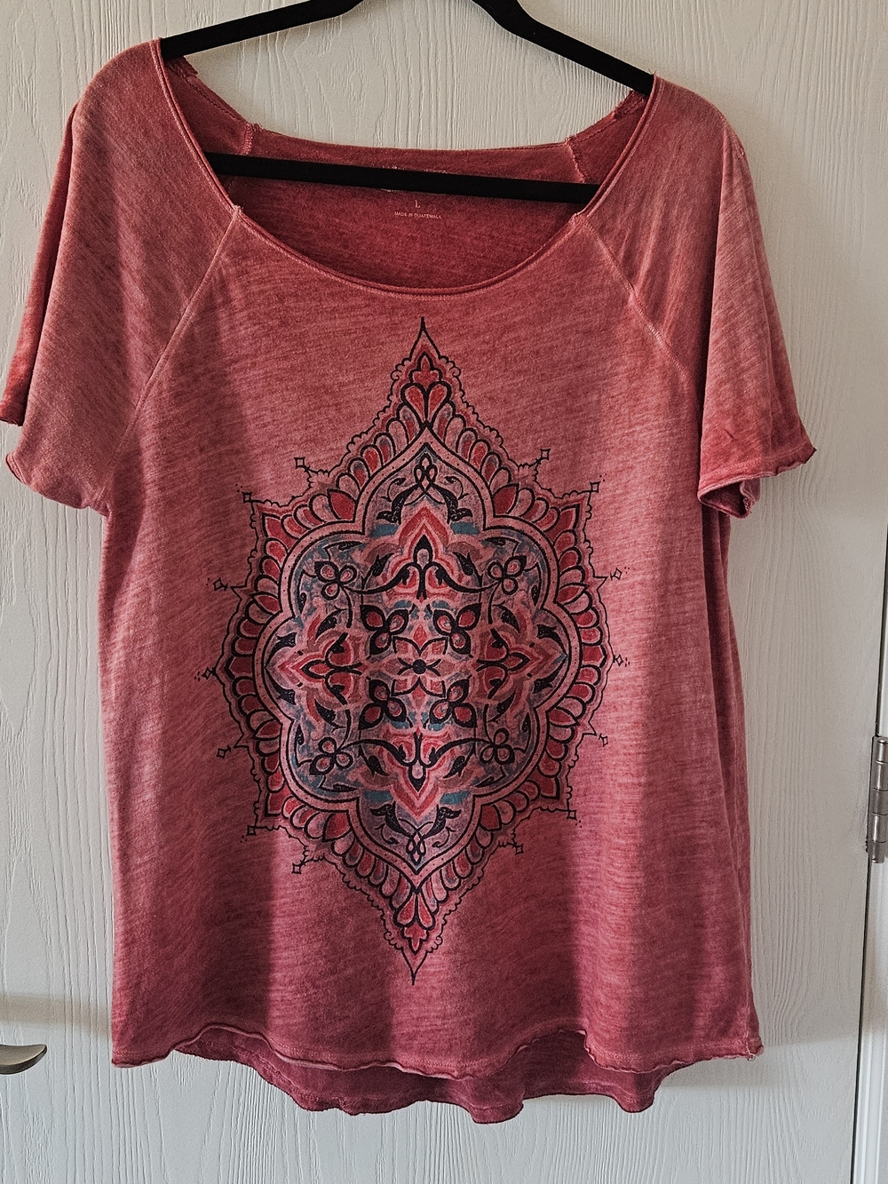 Lucky Brand Red Scoop Neck Top with Mandala Graphic